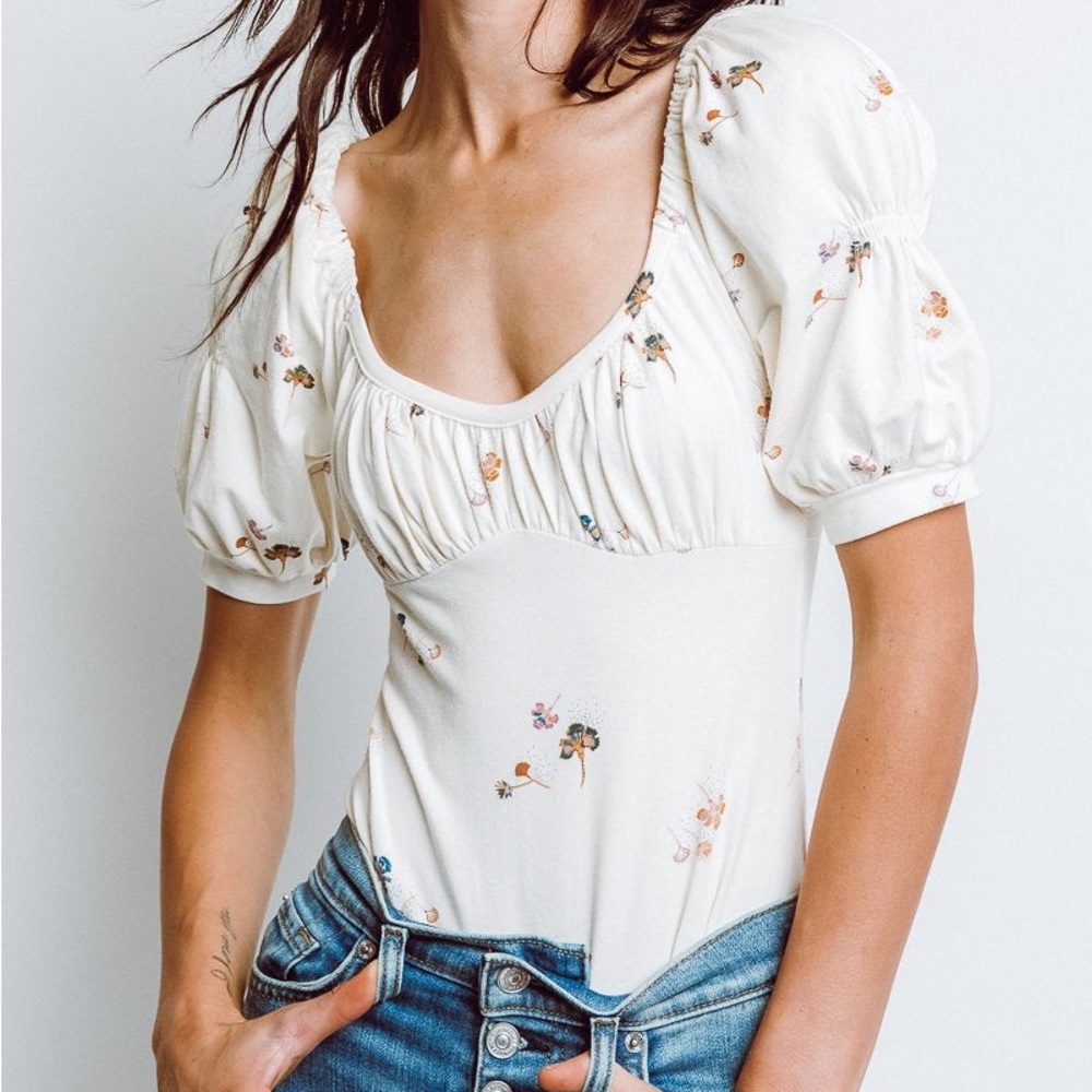 Free People Play Date Bodice Puff Sleeve Bodysuit Small